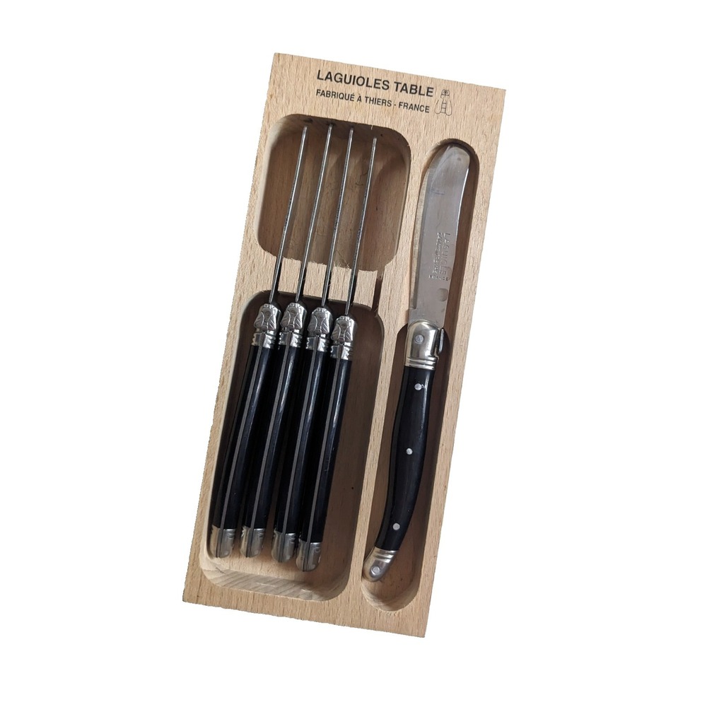 Laguiole France 5 Pc‎ Cheese Knife Set Tempered Z40C13 Steel Black Handles Boxed